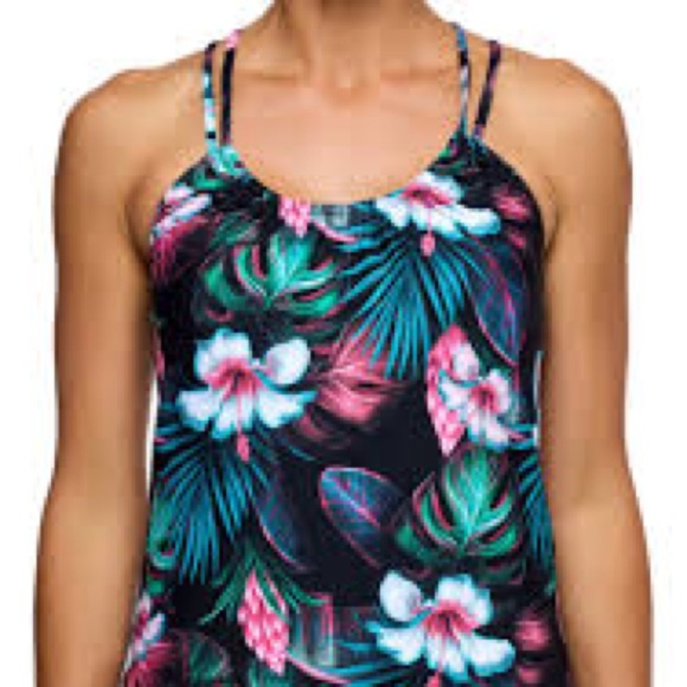 Athena Floral Tropical Black Tankini Top with Pink & Teal Print Sz 36B/C
